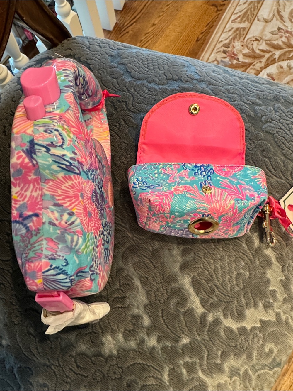 Lilly Pulitzer Pink & Aqua Floral Retractable Dog Leash with Waste Bag Holder - Picture 2 of 3
